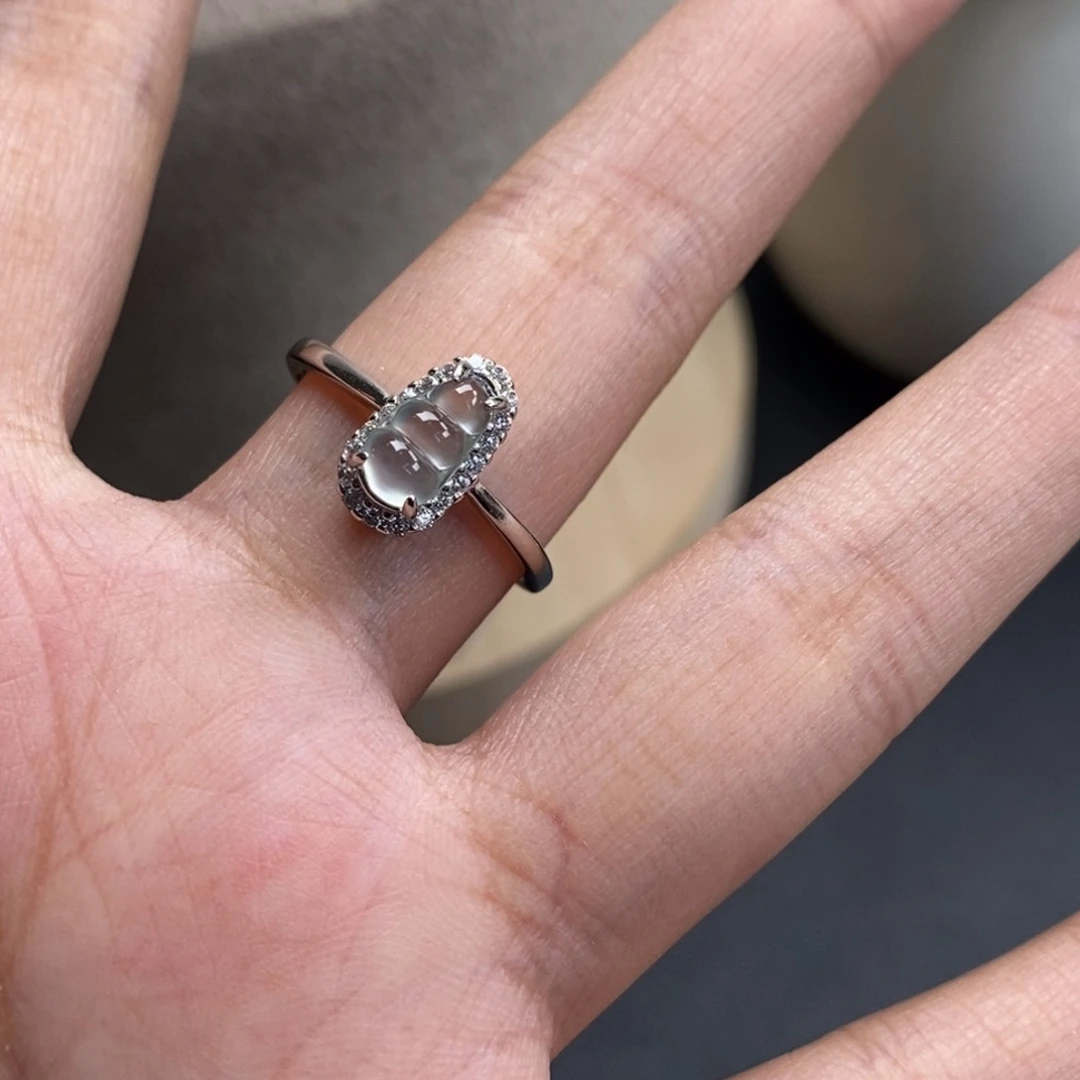 翡翠散珠925银高冰豆子戒指