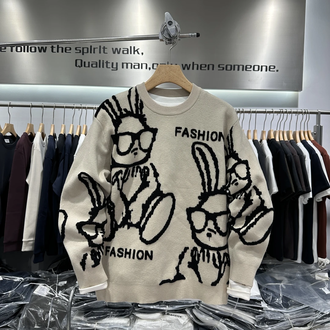 秋冬季男士新款情侣套头圆领毛衣潮牌兔子百搭针织衫上衣