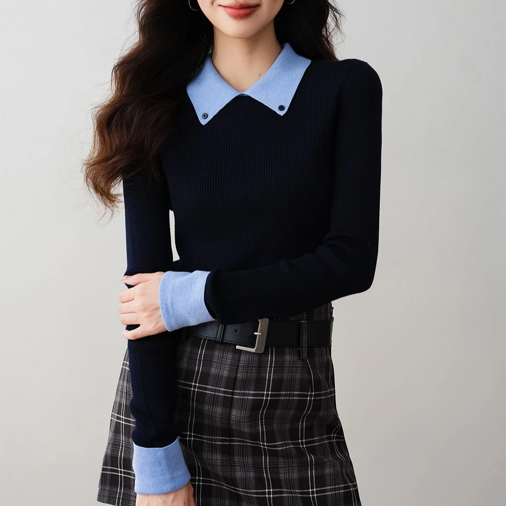 拼色翻领假两件针织衫T恤女秋冬季修身显瘦设计感上衣毛衣打底衫