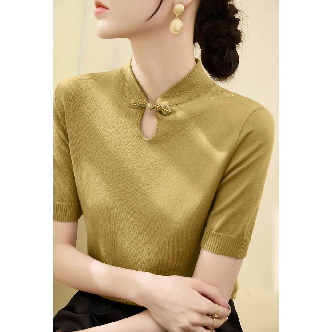 薄款莱赛尔天丝冰丝盘扣修身上衣夏季新中式立领短袖t恤针织衫女