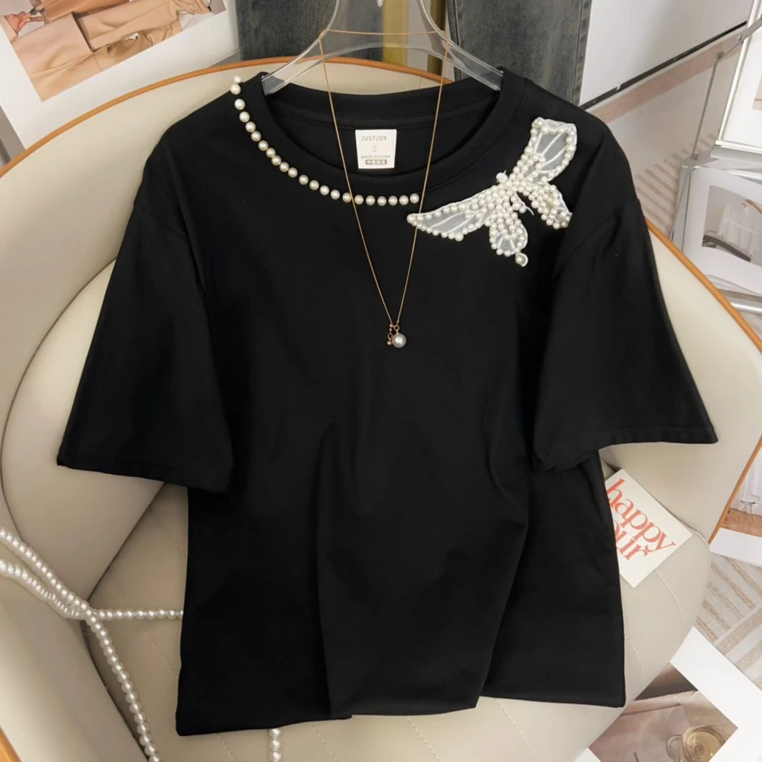 特大码200斤复古减龄蝴蝶钉珠设计感短袖t恤女圆领休闲宽松上衣潮