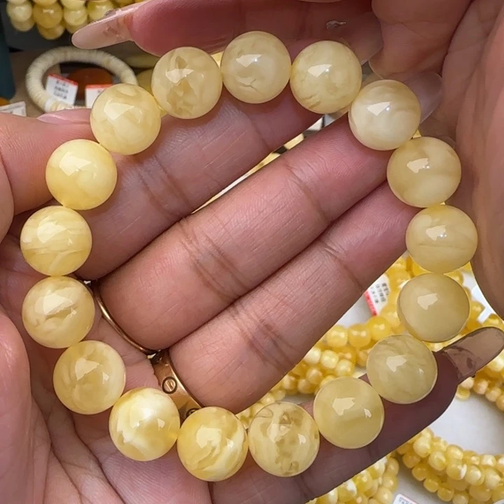 蜜蜡未镶嵌手串白花圆珠手串