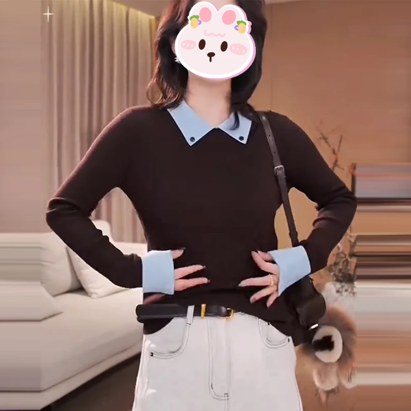 琥珀流光时尚拼色设计翻领针织衫女2025秋季新款休闲百搭减龄上衣