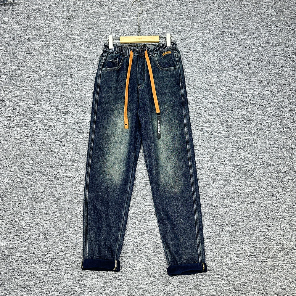 加绒牛仔抽绳裤子百搭水洗厚款简约牛仔款#6500