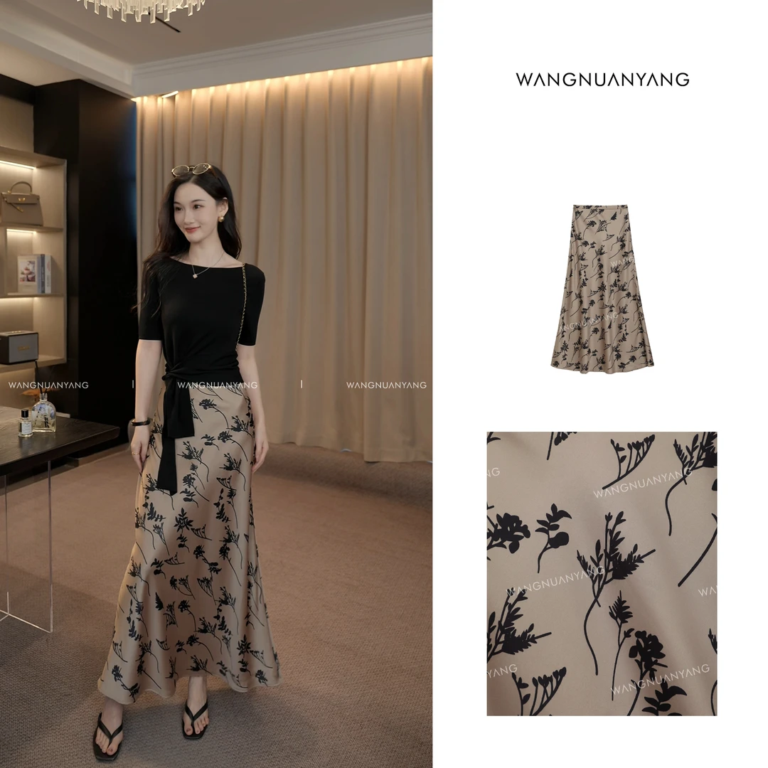【王暖阳】金色墨影(常规版)|夏季国风印花轻奢感缎面松紧包臀长裙