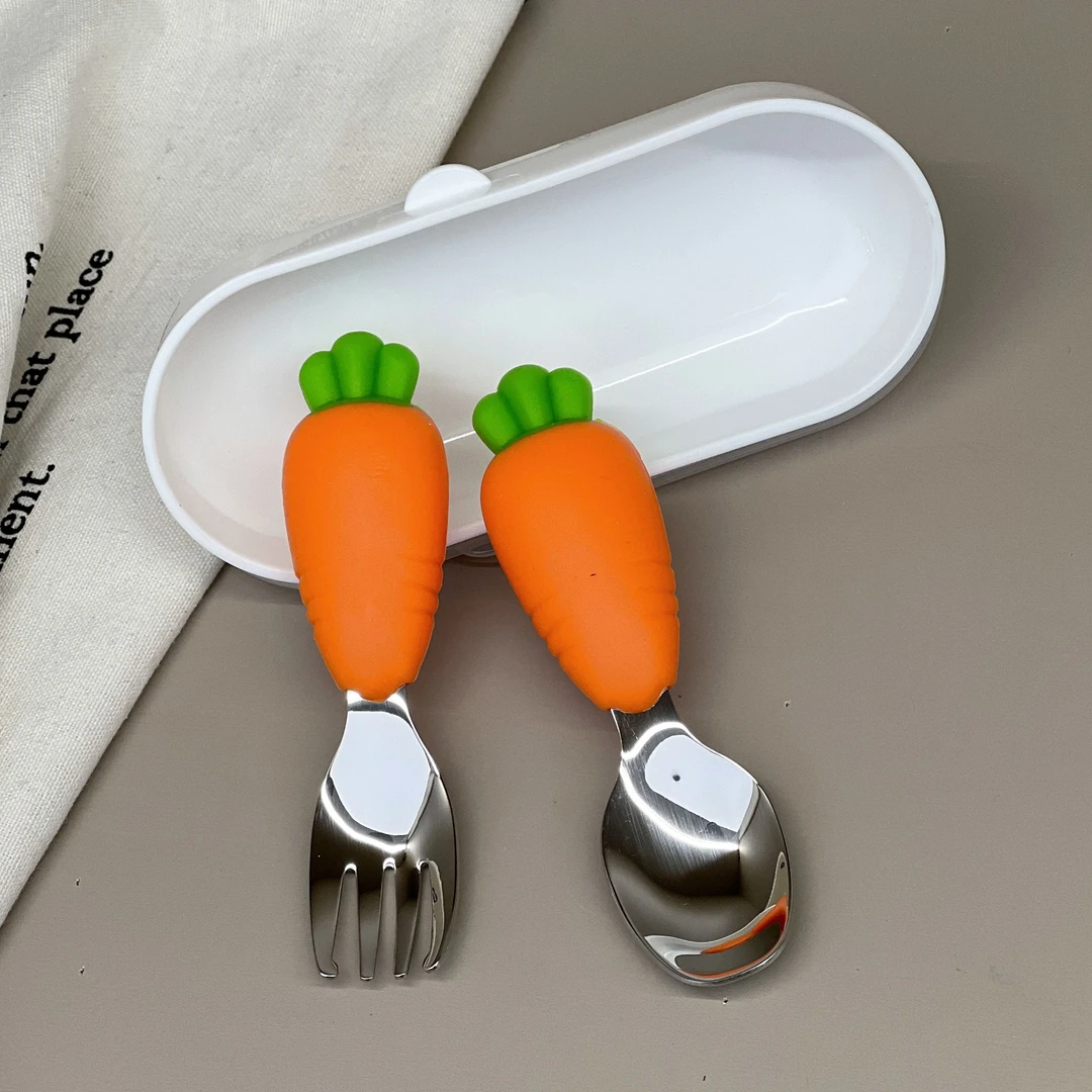 创意萝卜儿童辅食勺叉套装316L 萌趣儿童勺叉 钢勺加厚带收纳盒