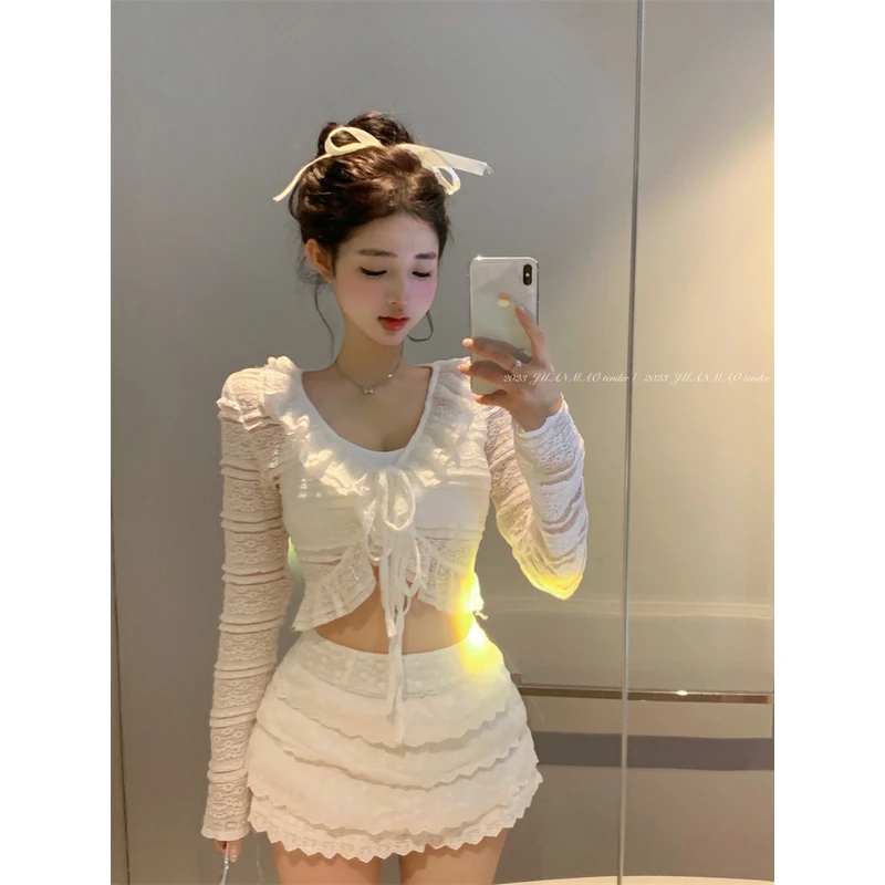 法式气质温柔风荷叶边系带上衣性感蕾丝衫高腰显瘦蛋糕裙套装女秋