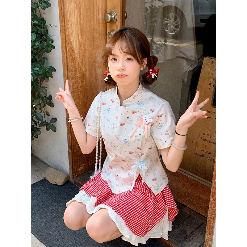【清仓6.5折】樱桃小狗 sinsingirl 新中式小狗印花短袖上衣半身裙