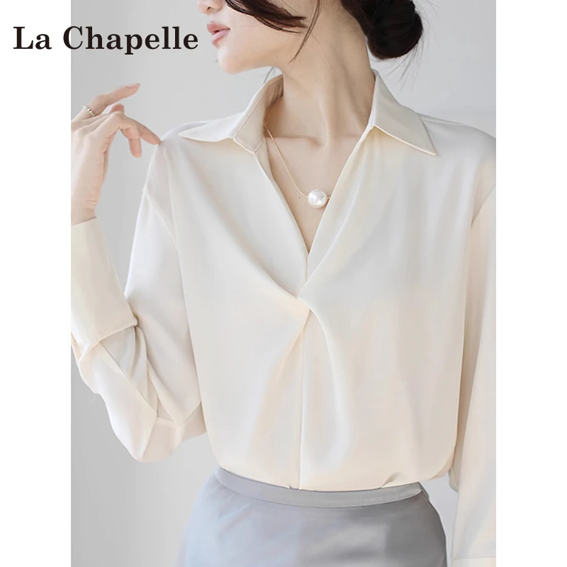 拉夏贝尔纯色V领长袖衬衫女春夏2025新款法式设计感气质百搭上衣