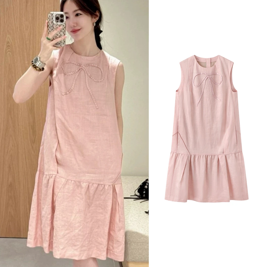 新款甜美宽松蝴蝶结贴布刺绣印花无袖短裙连衣裙子【8134】