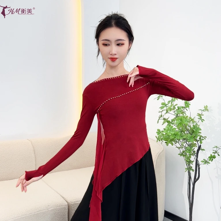 古典舞练功服上衣女新款套指长袖烫钻修身显瘦现代舞广场舞服装