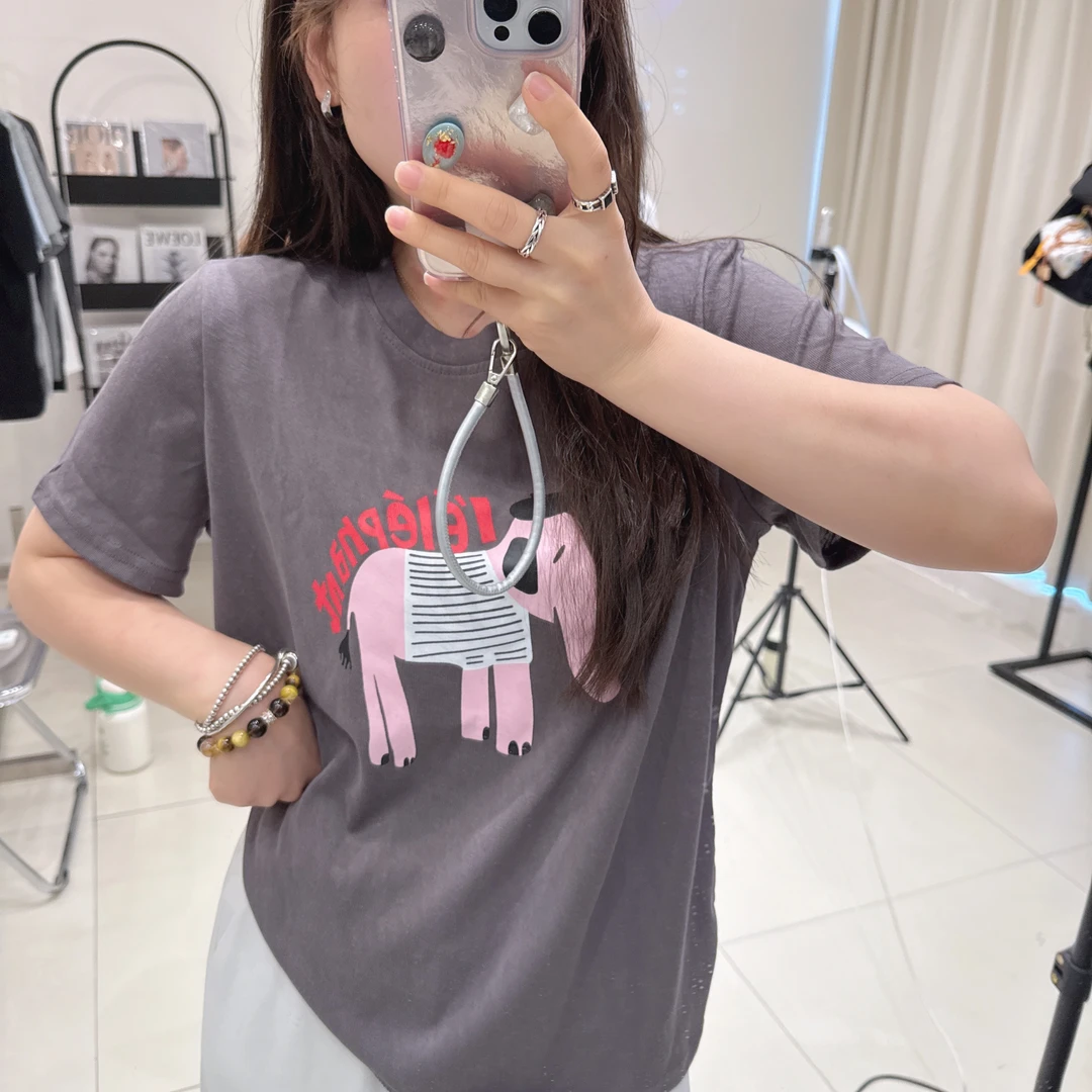 慵懒舒适感高品质雪花棉轻柔爽滑卡通大象印花短袖T恤女夏新款