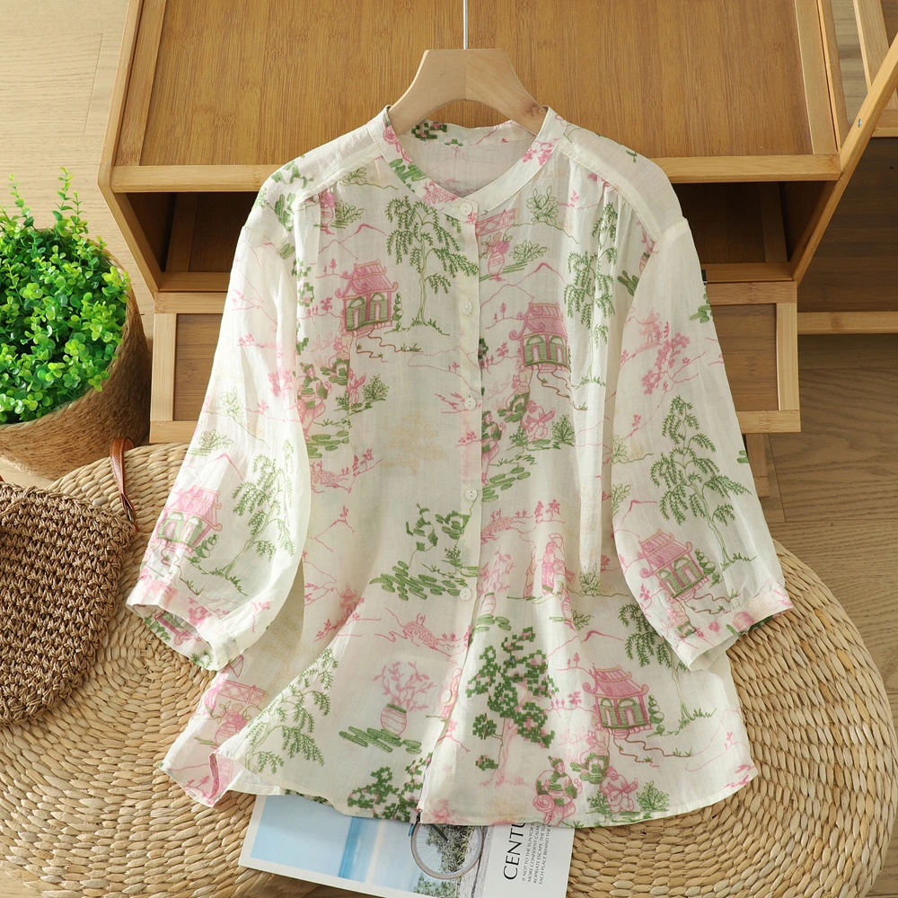 2025高端烫印工艺碎花衫国风新中式气质宽松显瘦上衣复古风衬衫