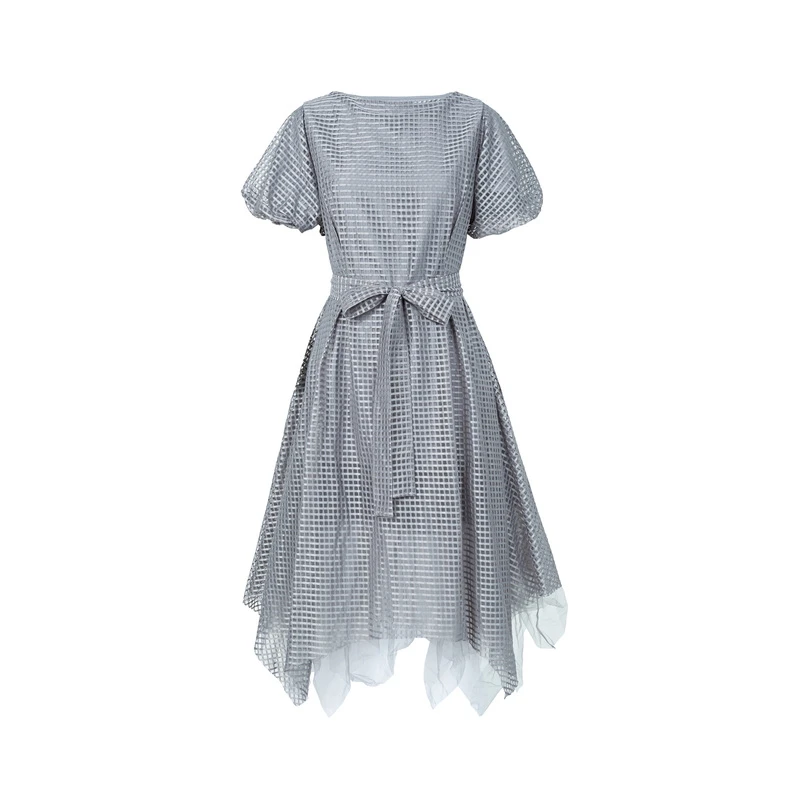 【丽公主】圣迪奥时尚气质圆领格纹收腰网纱泡泡袖连衣裙S223Z12D7