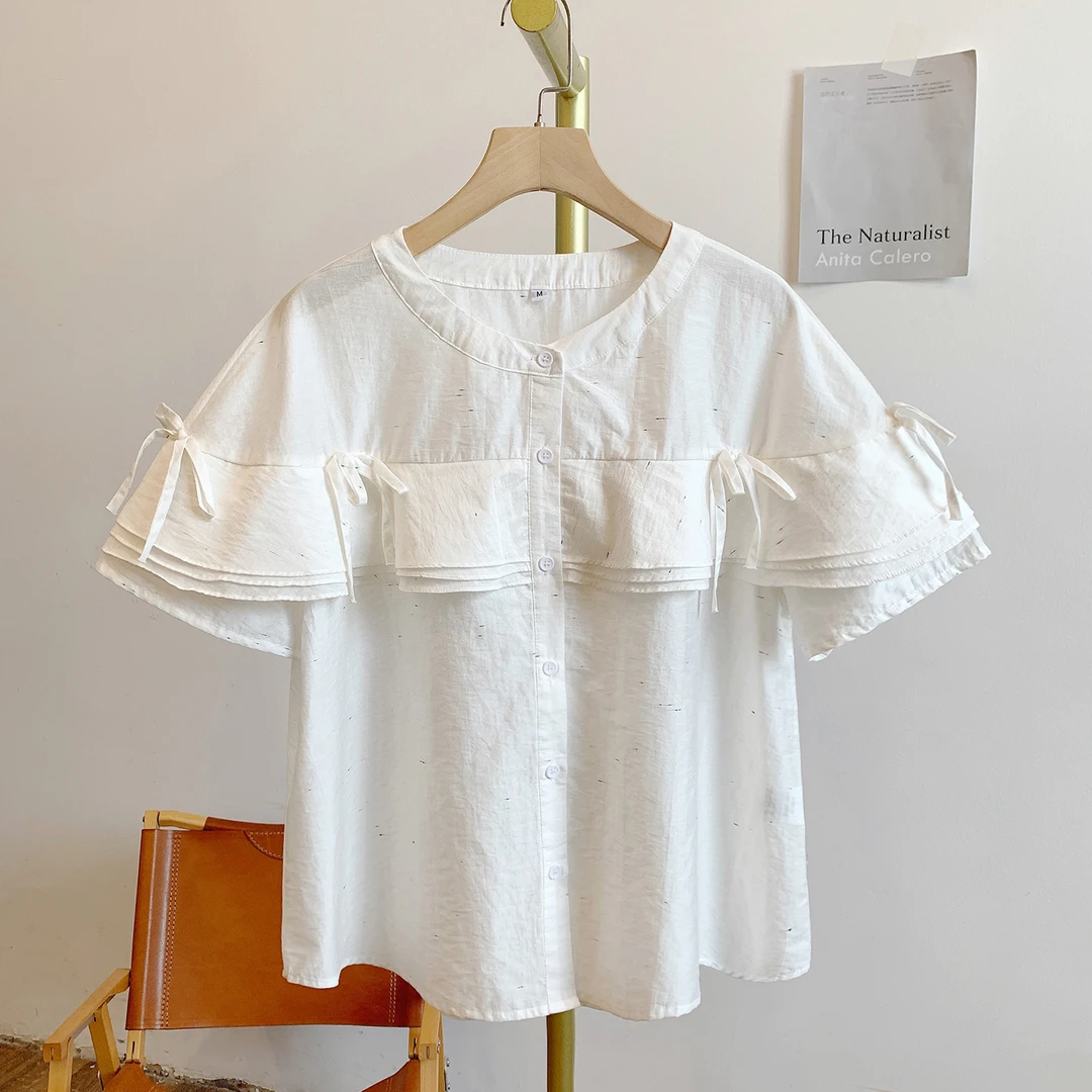 少女时代Y2952蝴蝶结荷叶边全开扣圆领短袖衬衫