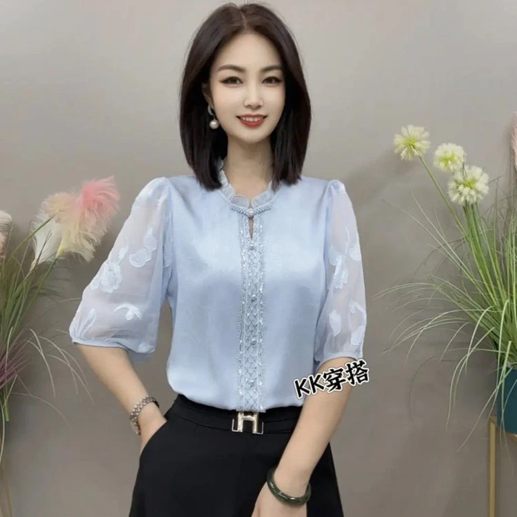 网红2025夏季新款时尚百搭显瘦宽松遮肚五分袖小衫潮