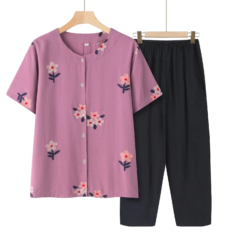 中老年人女短袖套装妈妈夏季女装t恤棉绸两件套开衫奶奶装老太太