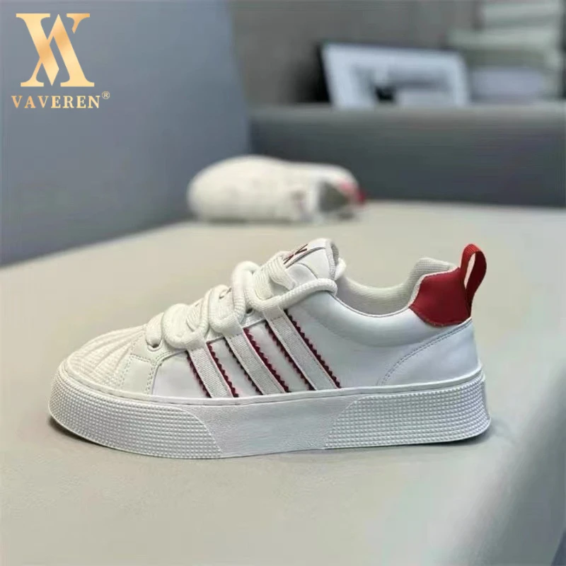 VAVEREN早秋轻奢贝壳头板鞋2025潮流三道杠时尚百搭车缝线运动休