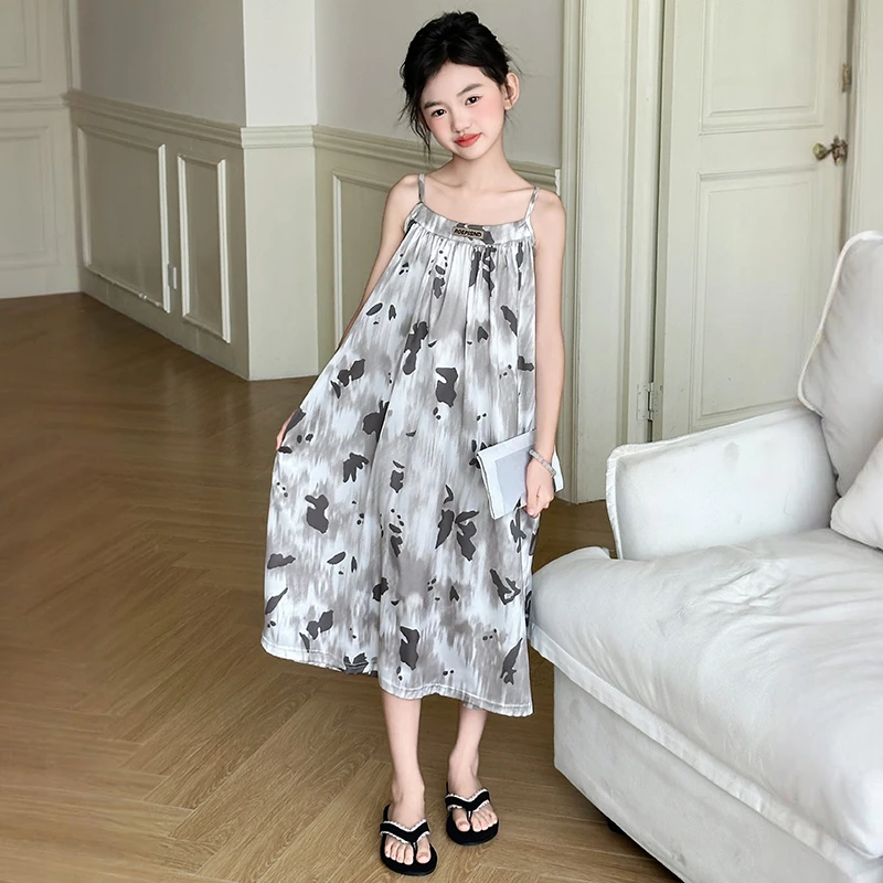 冰雪丝女童夏季睡裙韩版吊带2025新款大童睡衣初中生家居连衣长裙