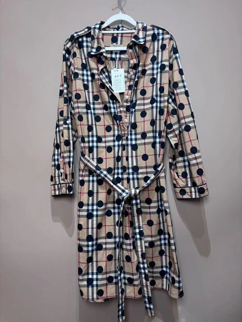 未使用 BURBERRY/博柏利 棕色格纹拼黑色波点女款衬衫裙uk16