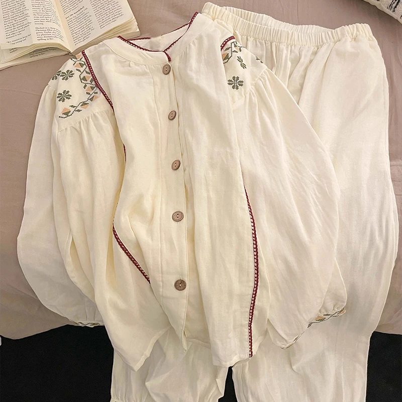 高级感睡衣女春秋季开衫长袖长裤宽松大码国风拼接碎花套装可外穿