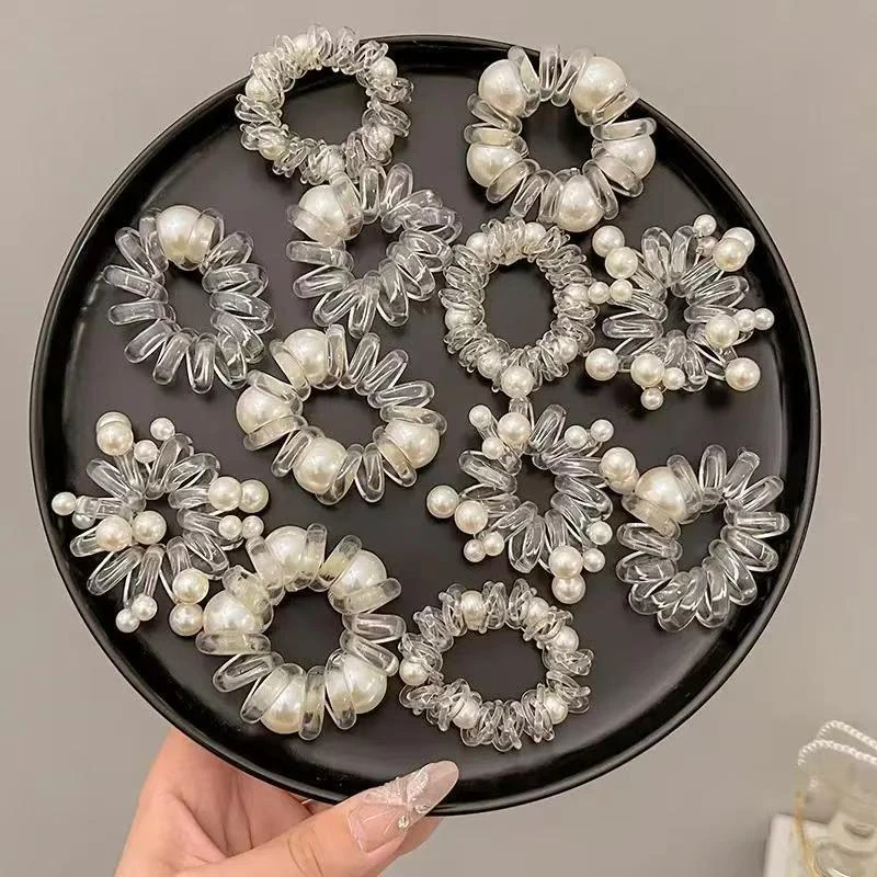 (10个装)ins珍珠透明电话线发圈女高弹力皮甜酷辣妹发绳头饰混搭