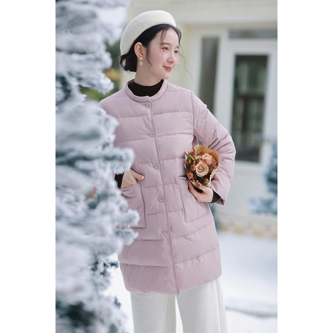 红念文艺粉色白鸭绒羽绒服女中长款设计感中长款羽绒服女小个子