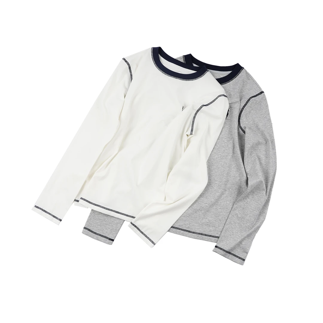 【撞色刺绣长袖T恤】CXAL49108长袖套头时尚休闲纯色简约刺绣长袖