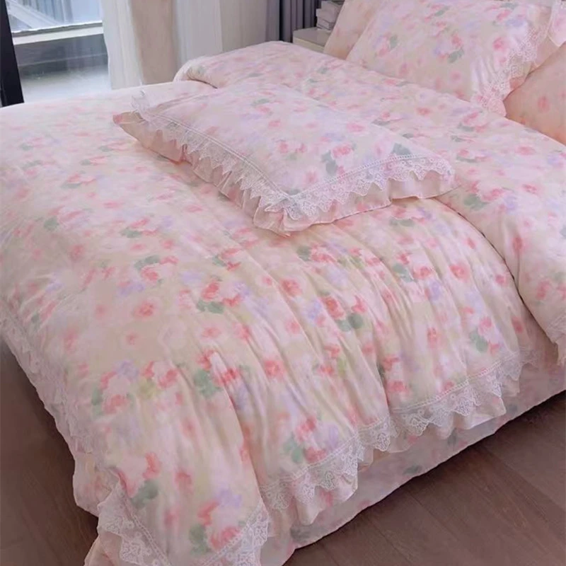 四件套纯棉100%全棉百分百裙边床单蕾丝被套双人床上用品床笠4