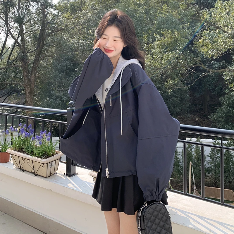 假两件针织拼接短外套春秋季新款休闲连帽宽松韩版设计感夹克上衣