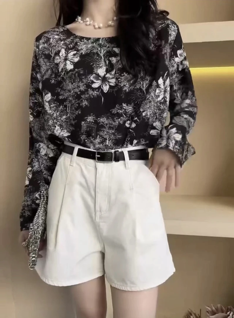 独特别致大码女装黑色圆领宽松版碎花上衣夏季微胖MM轻熟风防晒衫