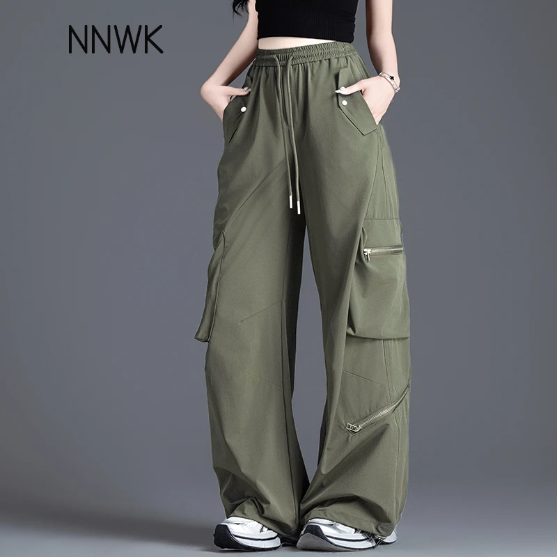 美式军绿色多口袋工装裤女2025新款春夏薄款松紧腰速干休闲阔腿裤