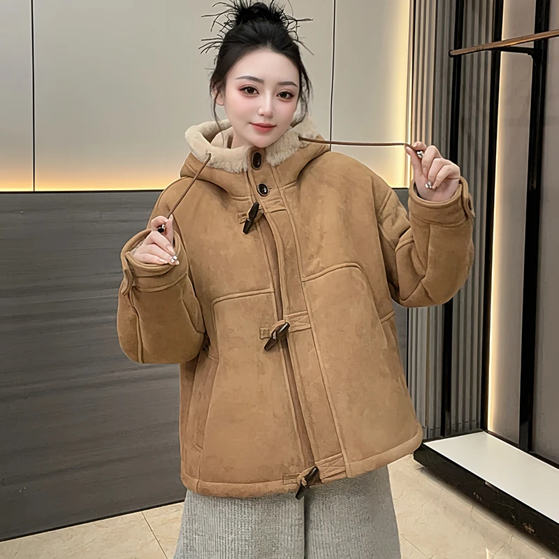 XLL/JL2666海宁2025新款皮毛一体外套女短款连帽绒面皮羊羔毛皮草