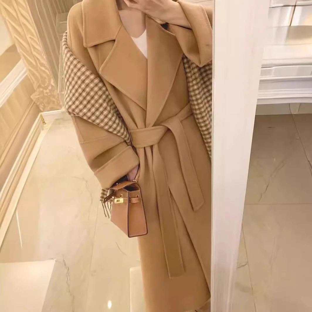 驼色双面新款保暖大衣女2024冬装新款韩版中长款小个子系带毛呢大