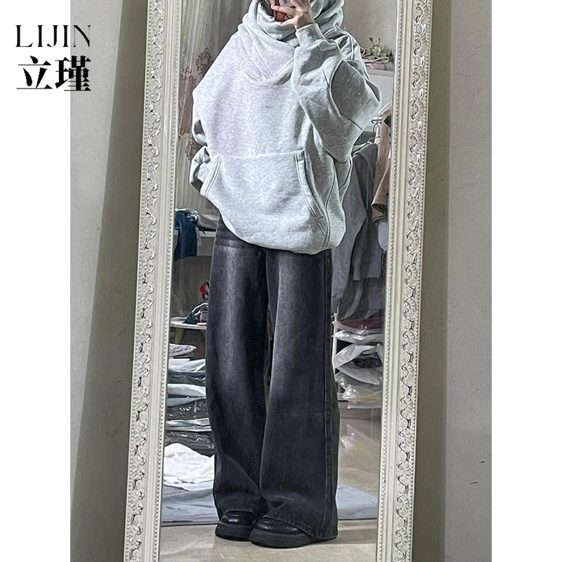 适合胖mm的裤子秋冬大码黑灰色牛仔裤梨型身材遮胯宽松显瘦阔腿裤