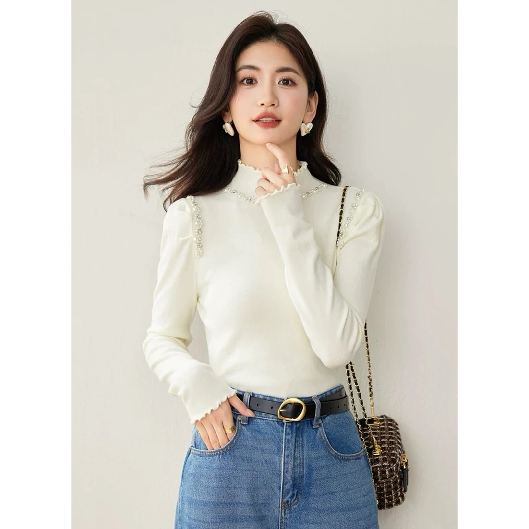 【现货】套头款秋冬季钉珠拼接长袖毛针织衫百搭时尚半高领衬衫修身