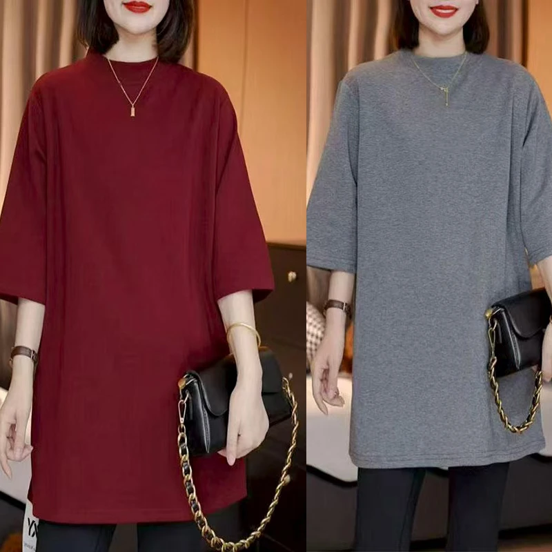 2025早秋季新款韩系时尚气质半高领中袖宽松T恤气质显瘦遮肉上衣