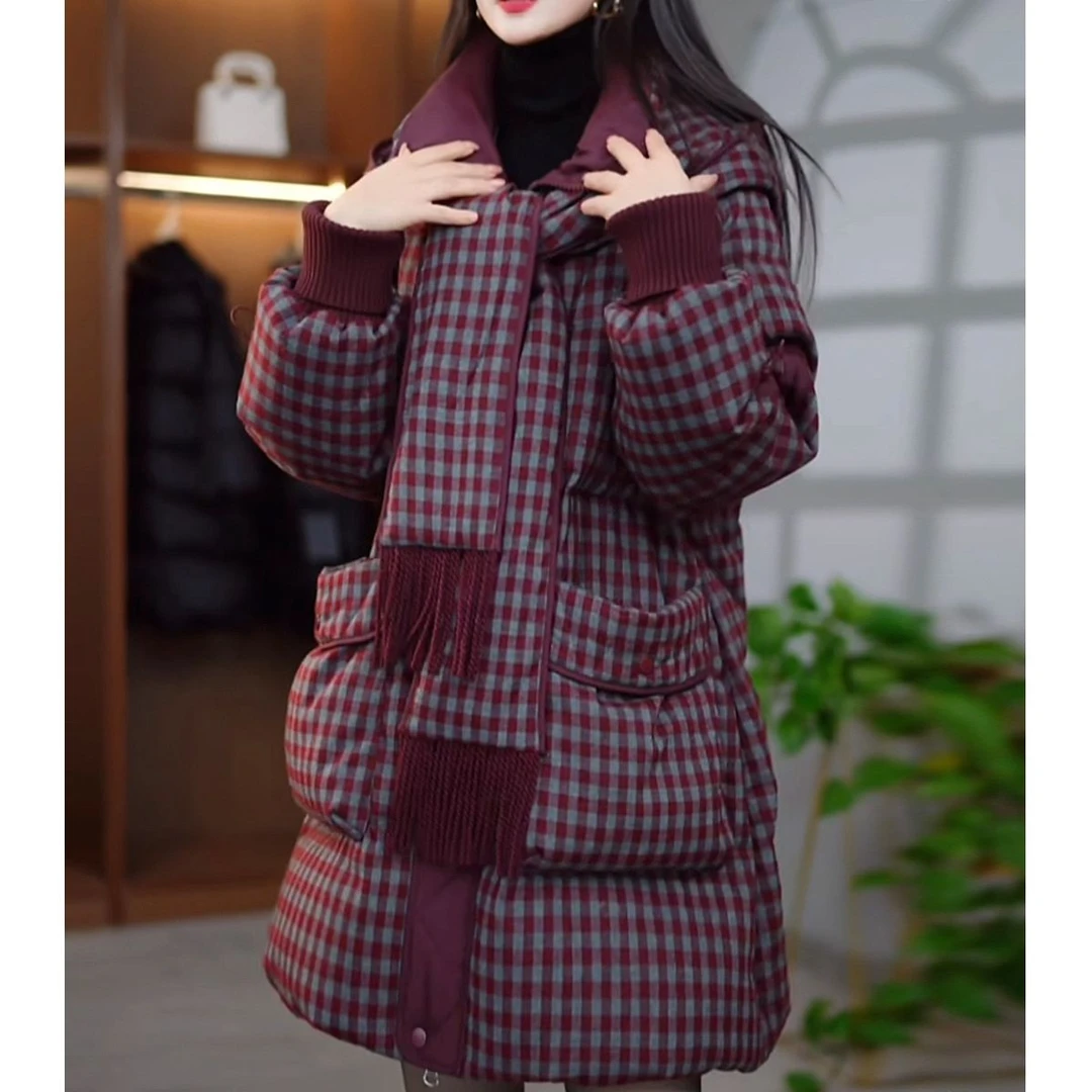 轻奢设计感连帽围巾羽绒棉服外套女冬季厚实保暖中长款红色棉袄子