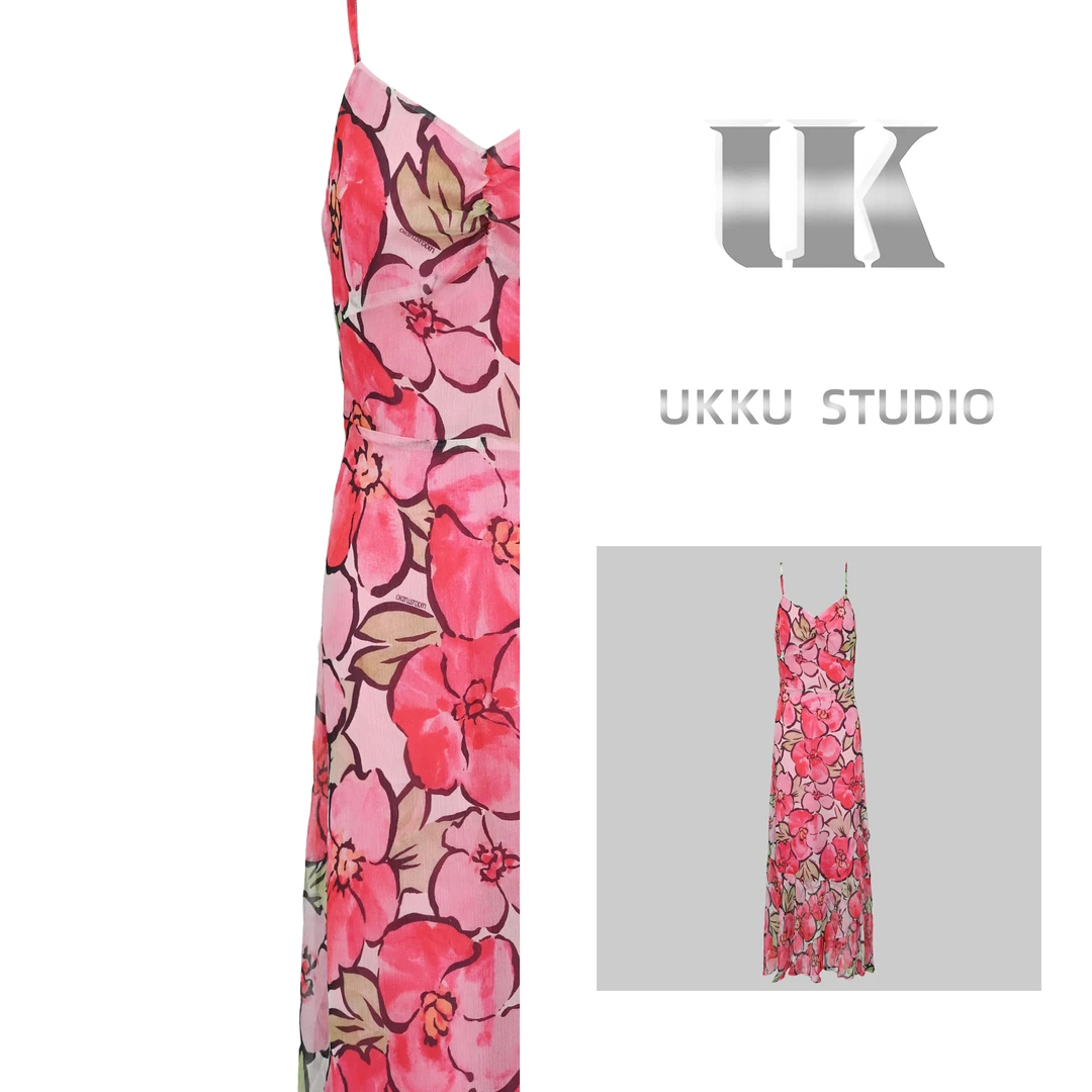 牛【UKKU STUDIO】设计师粉色水墨画收腰印花吊带连衣裙913868