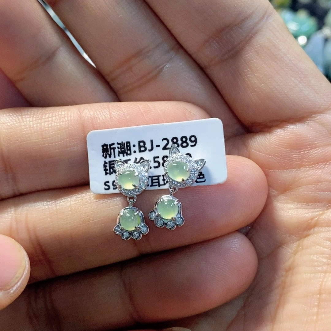 翡翠银S925镶嵌耳饰忠*缅甸翡翠A货耳钉