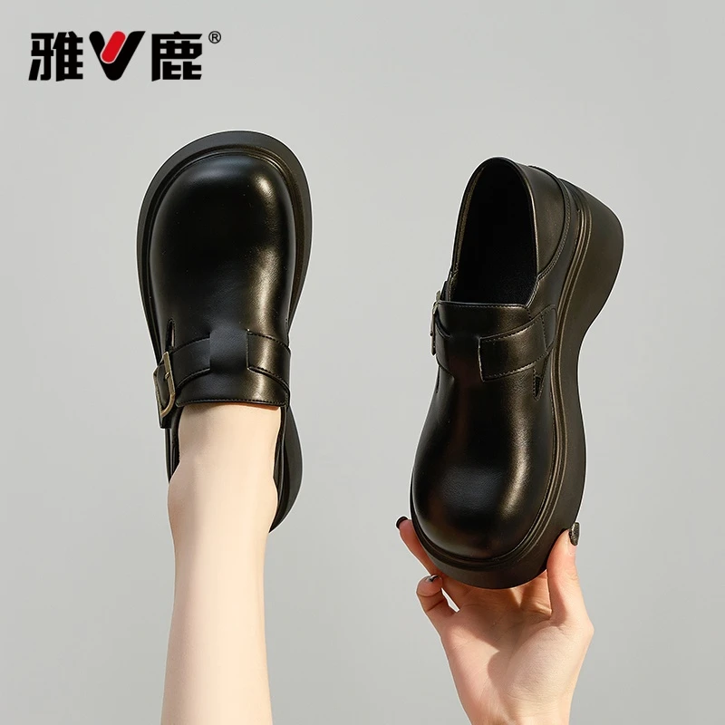 V/雅鹿2509厚底乐福鞋女2025春季新款百搭小皮鞋魔术贴女鞋
