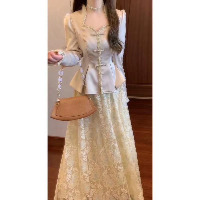 新中式国风套装裙复古高级感超好看盘扣上衣半身裙两件套2025秋季