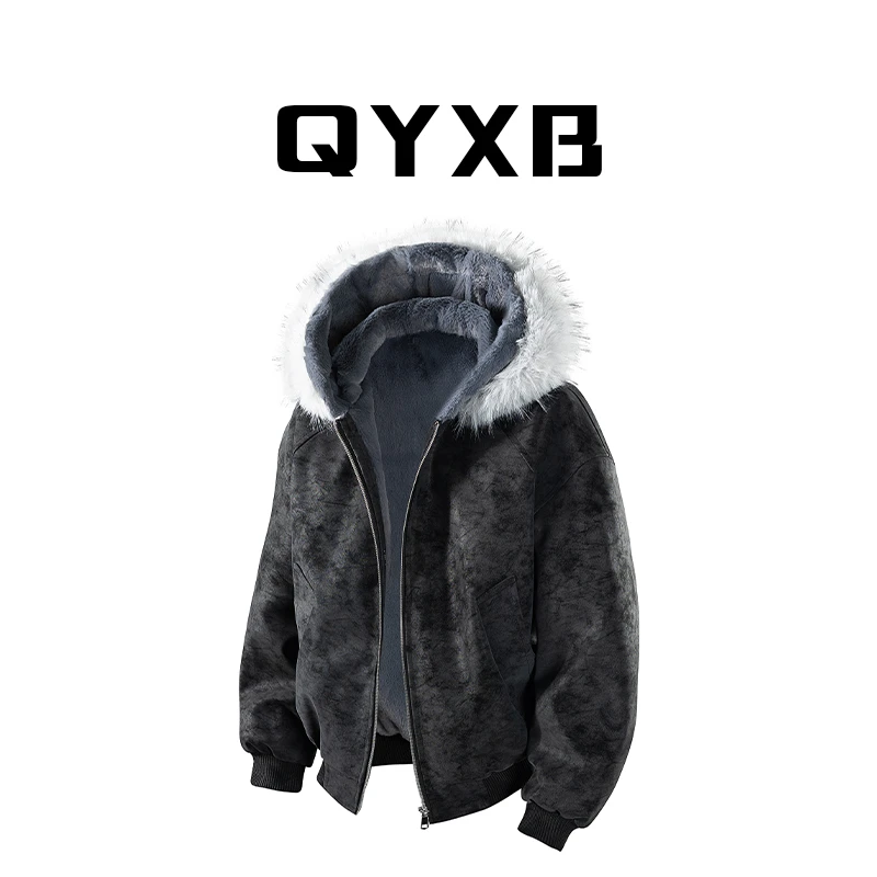 【品牌正品】QYXB连帽棉衣男士秋冬季加厚保暖美式毛领棉服休闲外套