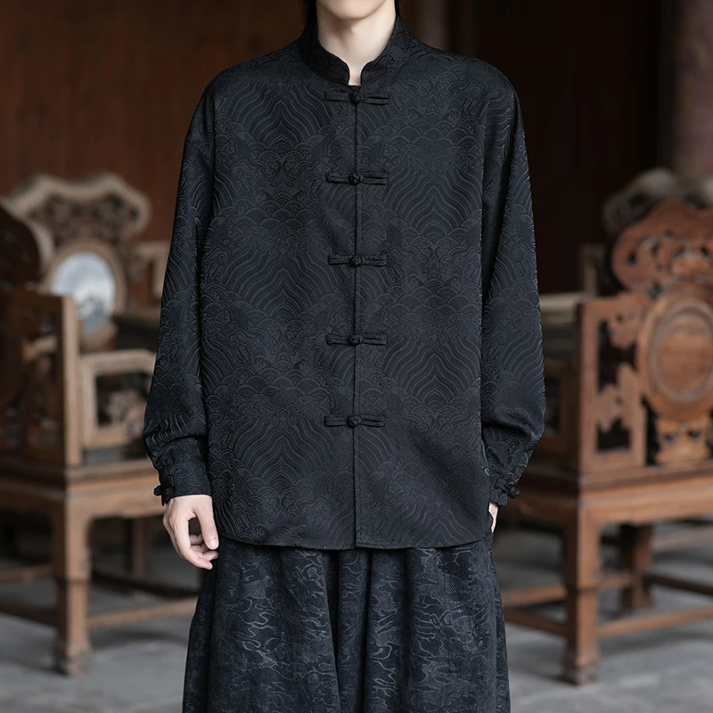 复古潮牌唐装男外套秋季中国风海水江崖纹提花长袖衬衫宽松太极服
