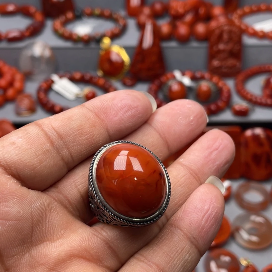 南红玛瑙银S925镶嵌珠宝奇石戒指