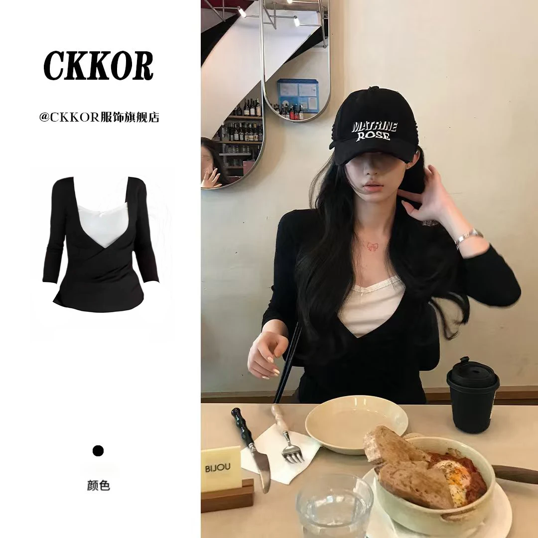 CKKOR秋季新款假两件v领长袖t恤女美式辣妹修身显瘦内搭打底上衣