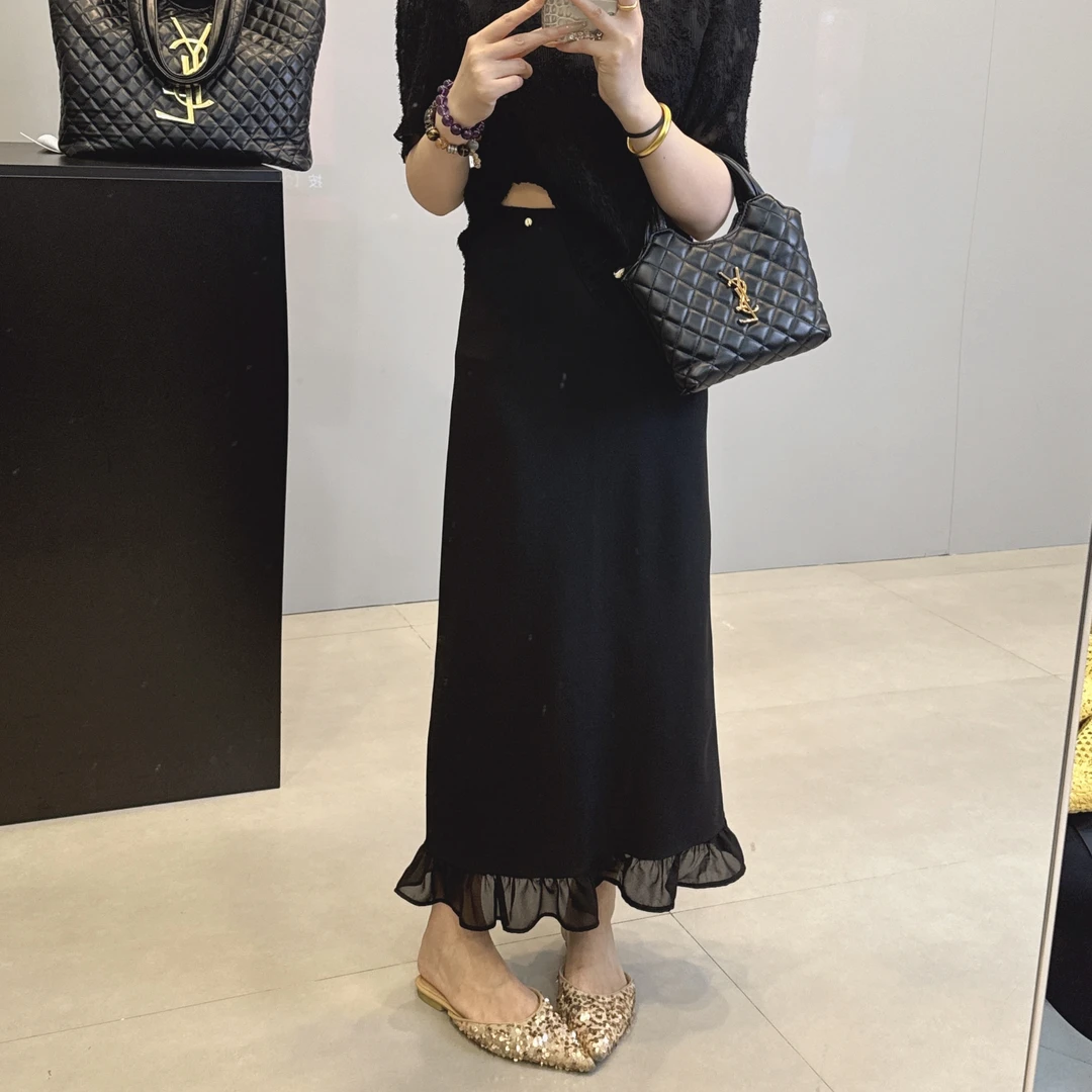 韩版东大门高腰拼网纱显瘦荷叶边西装半身裙