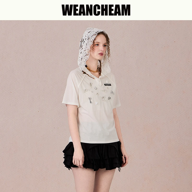 WEANCHEAM未未姆魔法学院欧若风夏季蕾丝帽POLO领T恤W15CXT026
