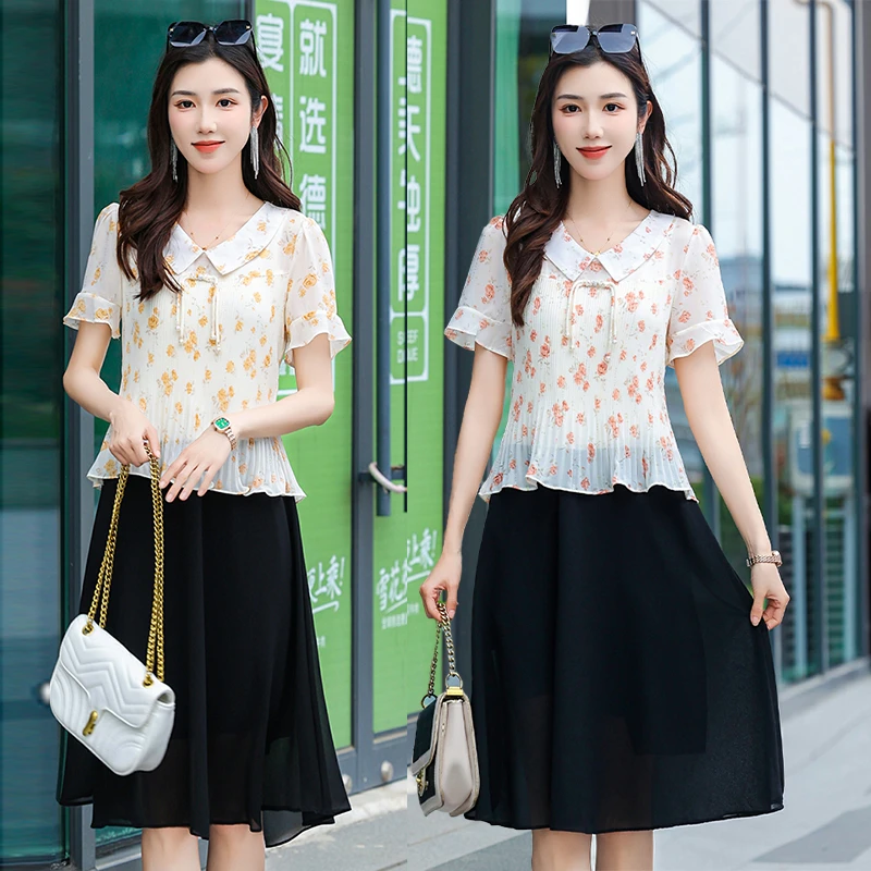 拼接假两件连衣裙中式碎花收腰显瘦拼接连衣裙妈妈装遮肉宽松裙子