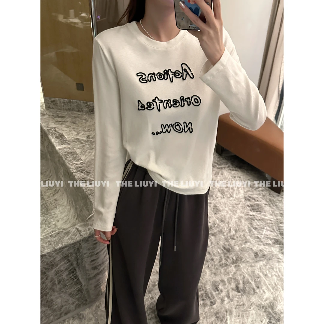 【LIUYI】加绒加厚立体刺绣百搭长袖T恤上衣59192